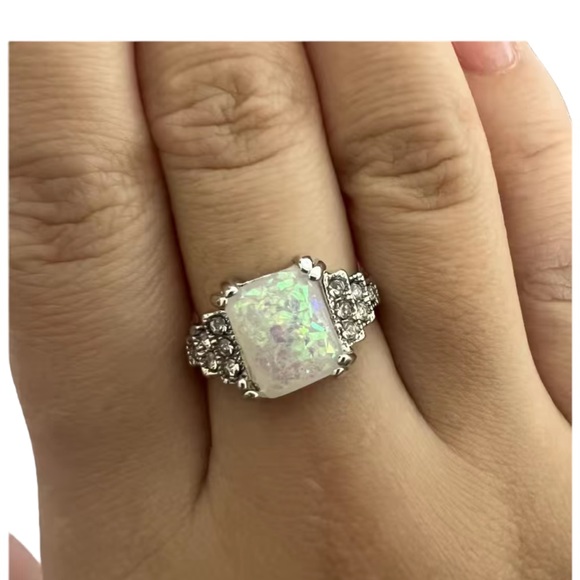 Fire Opal Square Stone Silver Ring - Picture 2 of 3